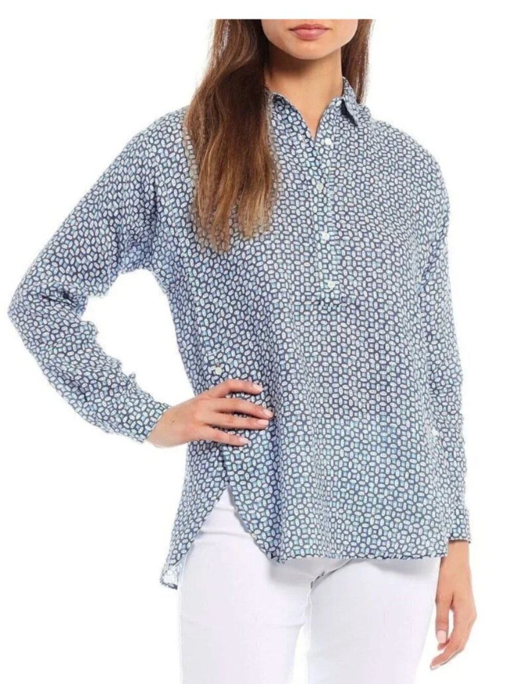 J. McLaughlin Blue Geometric Print Linen Popover Blouse Coastal Chic Top S